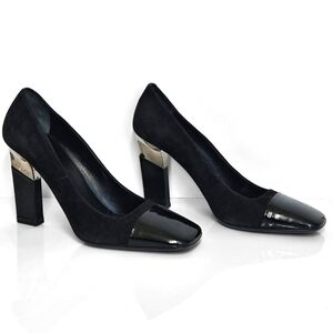 Prada Black Suede Patent Leather Square Toe Block Heel Pumps Silver Accent 36.5